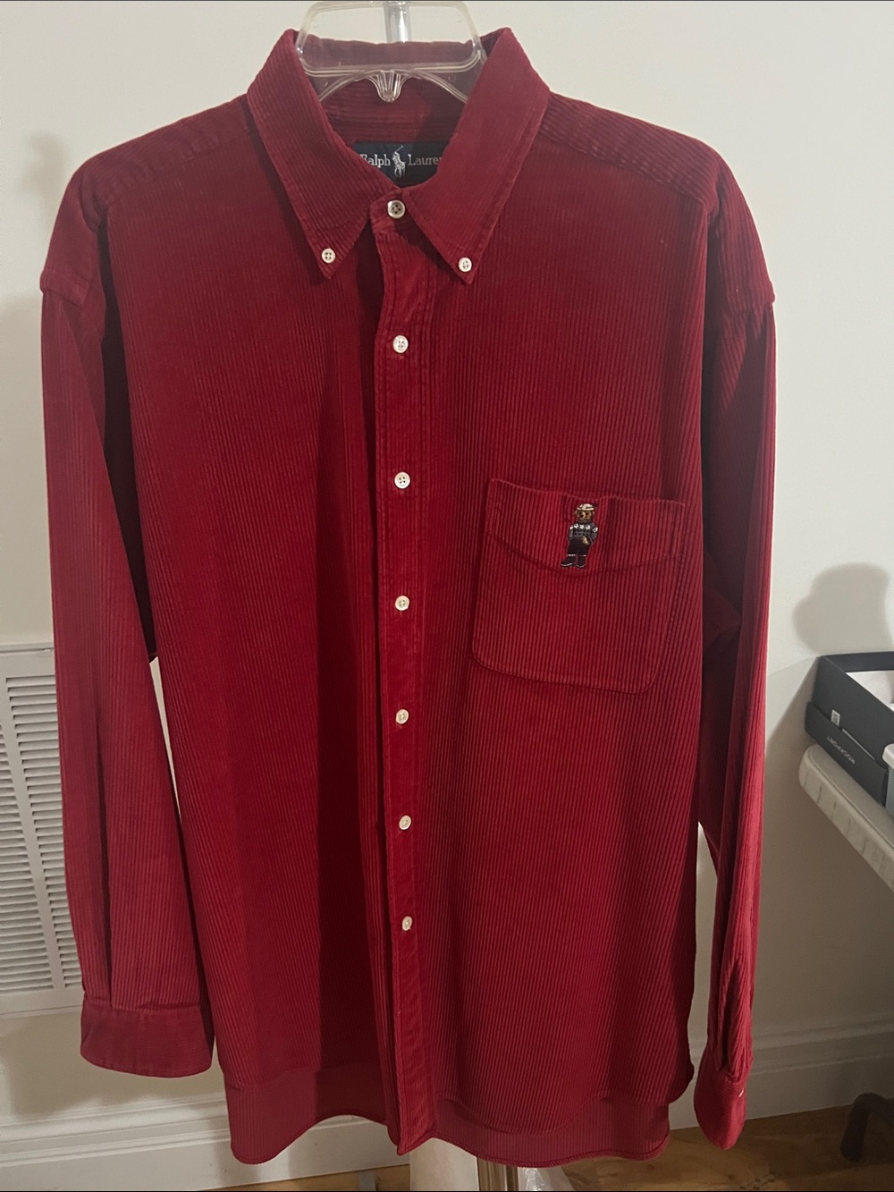 VGT Ralph Lauren Men’s Deep Red Polo Bear Corduroy Button-Down Blaire Shirt